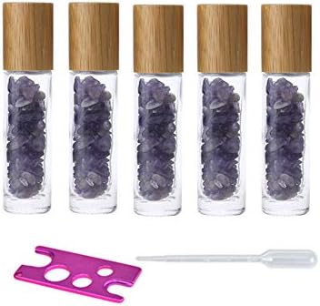 5 Pack 10ml Clear Roll On Bottles With Natural Chakra Crystal Chips for Essential Oils,Perfume Glass Roller Bottles Container Bamboo Lid,Crystal Roller,Pipette&Opener Included (Amethyst)