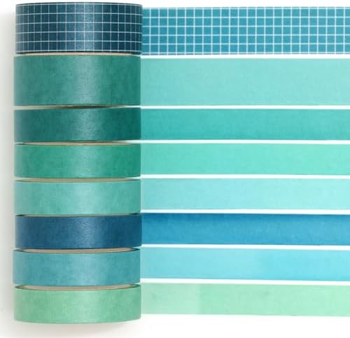 YUBBAEX 8 Rolls Basic Washi Tape Set Solid Color Grid Masking Decorative Tapes for Arts, DIY Crafts, Journals, Planners, Scrapbooking, Wrapping (Ocean)