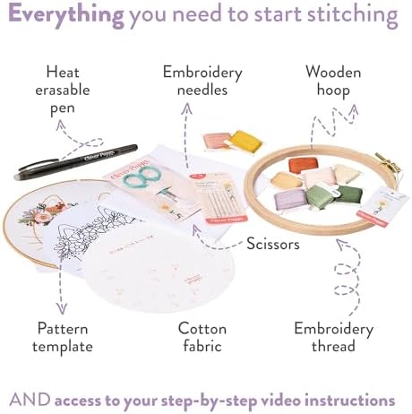 Clever Poppy Flora the Cat Beginner Embroidery Kit – Easy Embroidery Kit for Beginners with Hoop, Thread & Patterns – Hand Embroidery Kit for Adults and Teens – Complete Embroidery Starter Kit