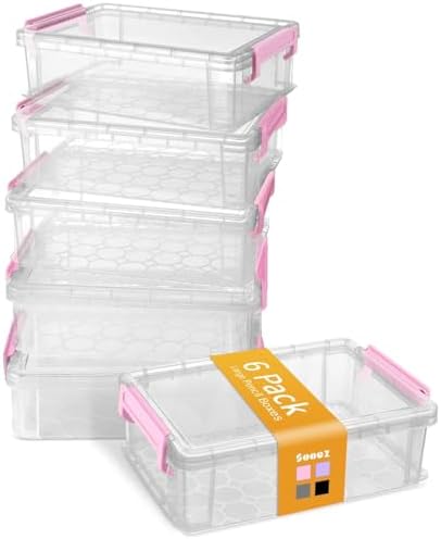 Sooez 6 Pack Extra Large Pencil Box, Plastic Pencil Case Crayon Box | Clear Marker Organizer Plastic Containers with Lid, Stackable Storage Boxes for Art Craft,Back to School Supplies, Pink