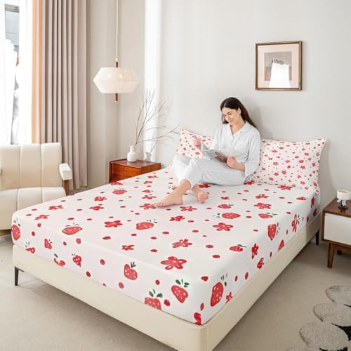 Strawberry Flower Bed Sheet Set Queen Size Red Fruit Floral Theme Mattress Cover Sweet Style Lovely Sheets for Boys Girls Bedroom White Red with Flat,Fitted Sheet Pillowcase 4Pcs
