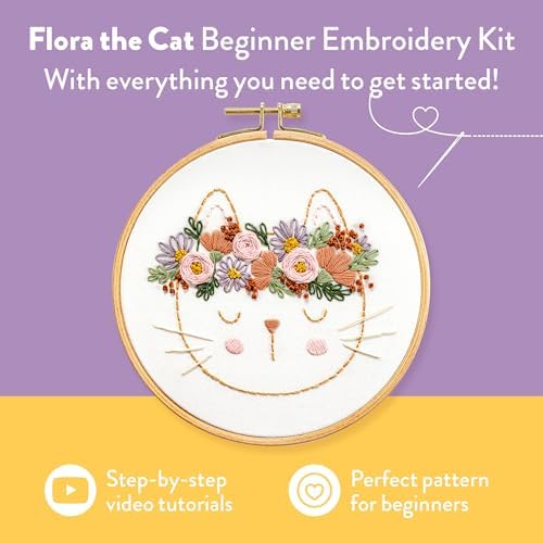 Clever Poppy Flora the Cat Beginner Embroidery Kit – Easy Embroidery Kit for Beginners with Hoop, Thread & Patterns – Hand Embroidery Kit for Adults and Teens – Complete Embroidery Starter Kit