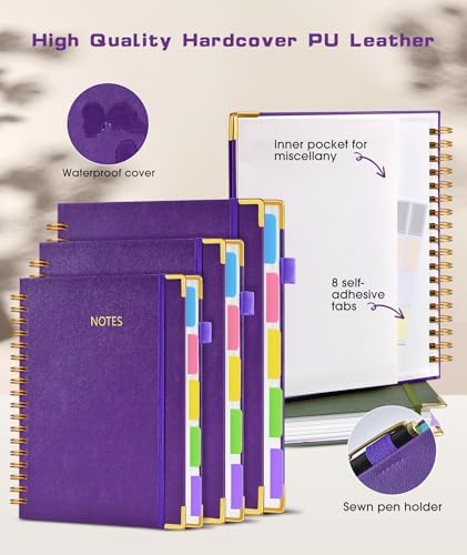 Hardcover Spiral Notebook 8.5"x11" Journal with Removable Dividers Tabs, 300 Pages Leather 5 Subject Notebook College Ruled, Large Notebooks for Work School, Lined Journal for Women, A4 Dark purple