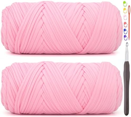 2 Pack Tshirt Yarn for Crocheting,Rosy Pink T Shirt Chunky Elastic Fabric Thick T-Shirt Crochet Yarn for Beginners Crocheting Hand Knitting Bag/Basket/Coasters/DIY Crafts/Home Decor 2*200G(Rosy Pink）