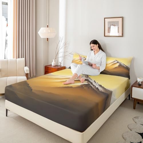 3D Golden Mountain Sheet Set Natural Landscape Scenery Bedding Set Natural Mountain Scenery Bed Sheets Teens Room Decor Golden Black (Twin Flat & Fitted Sheet with 1 Pillow Case)