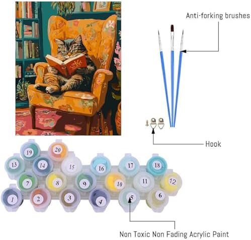 Canrichshop Reading Cat Paint by Numbers Kit for Adults,Painting by Numbers,DIY Acrylic Paint Kit for Adults Beginners Without Frame,Easy Adult Paint by Number Kits on Canvas for Decor 16x20inch