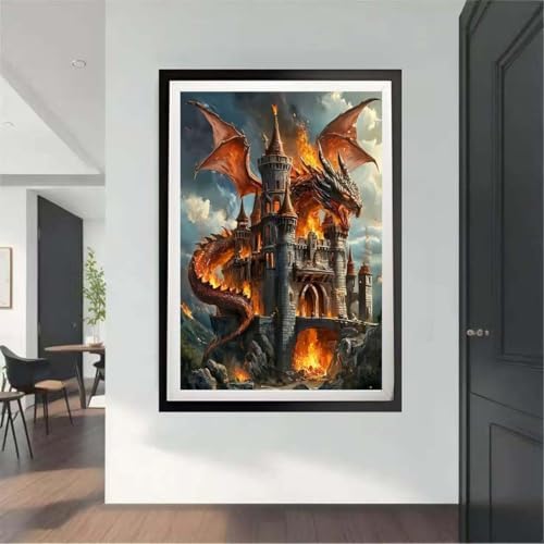 OJTOYART Dragon Castle 5D Diamond Painting Kits for Adults DIY Full RoundDiamond Art Craft Kit Beginners, Medieval Castle with Fire DragonWall Decor 12 X 16 Inch