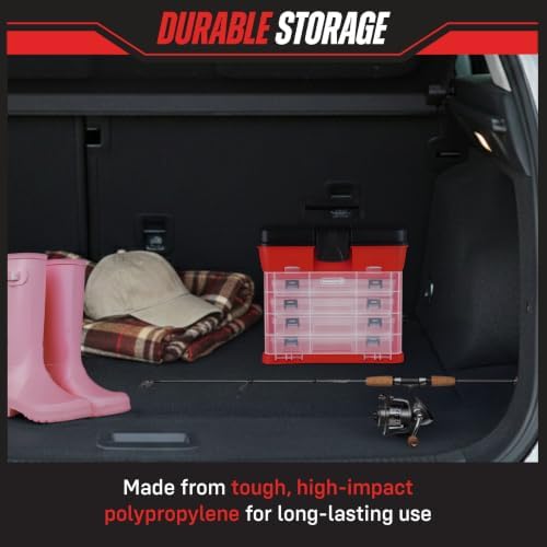 Small Parts Organizer Box - 11-Inch Portable Storage Case with 4 Removable Multi-Compartment Trays for Screws, Beads, Small Fishing Tackle, Hardware, and Craft Supplies by Stalwart (Red)