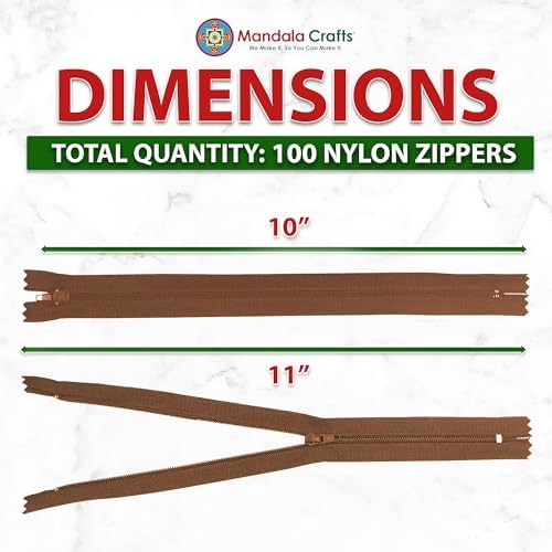 Mandala Crafts 100 PCs Brown Closed-End 10 Inches Nylon Zippers for Sewing