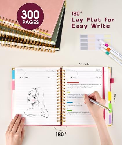 Hardcover Spiral Notebook Journal with Removable Dividers Tabs, 300 Pages Leather 5 Subject Notebook College Ruled, 8"x10" Large B5 Notebooks for Work School Note taking, Lined Journal for Women, Rose