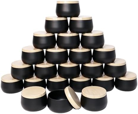 24 Pack 8 oz Candle Tins, Matte Black Metal Candle Jars with Wood Grain Lids, Empty Candle Containers Bulk for Candle Making Supplies, DIY Crafts, Storage & Gifts, Shatterproof Travel Vessels