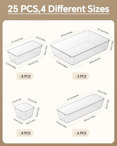 KEMETHY 25 PCS Plastic Drawer Organizers Set, 4 Sizes Vanity Organizer