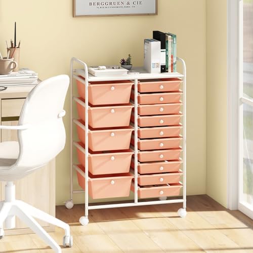 LDAILY 15 Drawer Rolling Storage Cart, Rolling Cart with Drawers for Classroom, Art Supply Craft Organizer on Wheel with Metal Frame & Handles for Home Office School