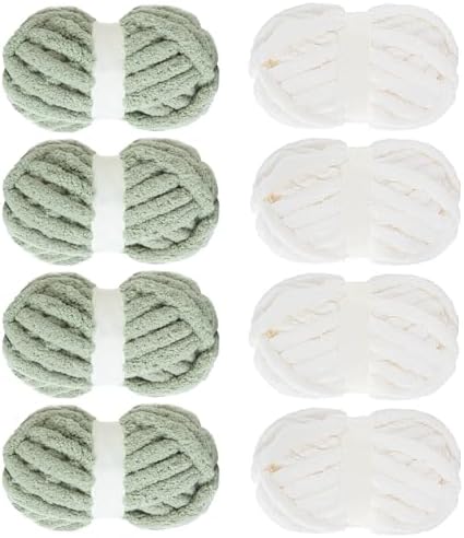MABOZOO Assorted Chunky Yarn for Hand Knitting 8 Pack, Fluffy Jumbo Chenille Yarn, Soft Plush Yarn Bulky, Giant Thick Fuzzy Yarn for Arm Knitting,4 White & 4 Sage Green(31.7 yds,8 oz Each Skein)