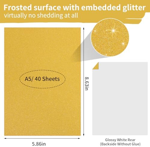 Gold Glitter Cardstock Paper, 40 Sheets A5 Premium Glitter Cardstock for Cricut, Sparkly Cardstock Paper for Card Making, Scrapbooking & DIY Crafts 250 GSM