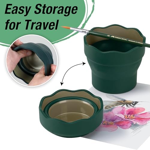 Faber-Castell Clic & Go Artist Water Cup, Dark Green - Travel-Friendly Collapsible Brush Cleaner Tool with Brush Stand, Scalloped Rim, Non-Slip Base, Portable Palette & Rinser