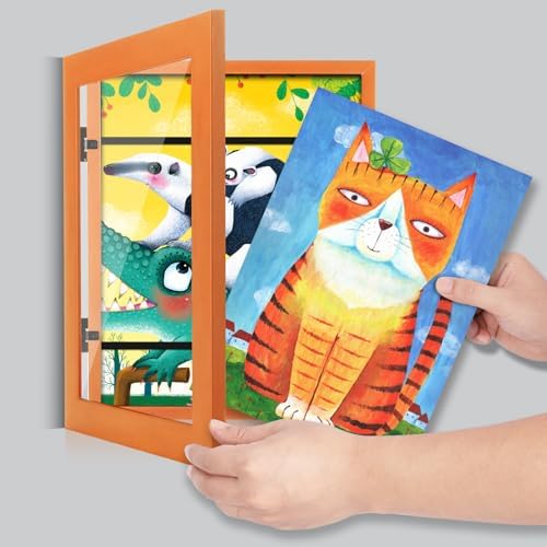 [2-Pack] Kids Art Frames, 8.5x11 Front Opening Kids Artwork Frames Changeable, Orange Artwork Display Storage Frame for Wall, Holds 50 Pcs, for 3D Picture, Crafts, Children Drawing, Hanging Art,