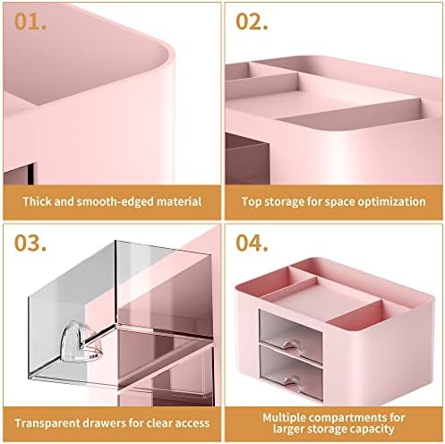Marbrasse Pen Organizer with 2 Drawer, Multi-Functional Pencil Holder for Desk, Desk Organizers and Accessories with 5 Compartments + Drawer for Office Art Supplies (Pink)