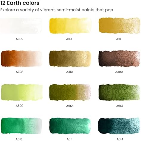ARTEZA Watercolor Paint Set, 12 Earth Tone Half Pans with Water Brush