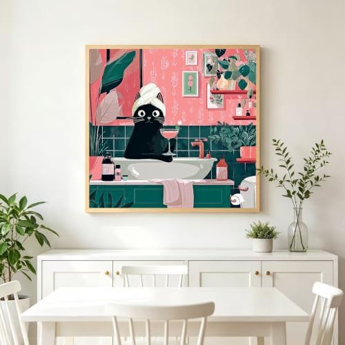 Accompany Wind Black Cat Diamond Art Kits for Adults, 5D Cute Animals Diamond Painting Kits for Beginners,DIY Round Full Drill Diamonds Gem Art Crafts for Home Wall Decor Gifts 14x14 Inch