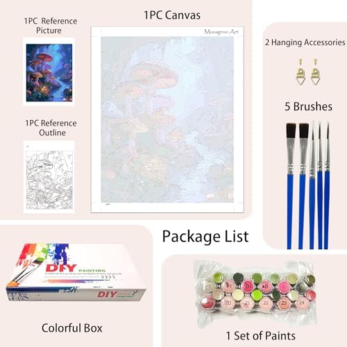 Muzagroo Paint by Numbers Oil Painting Kits for Adults DIY Mushroom Oil Painting for Beginners Hand Crafts Kits with Brushes and Acrylic Paints 16x20 inches (Mushroom)