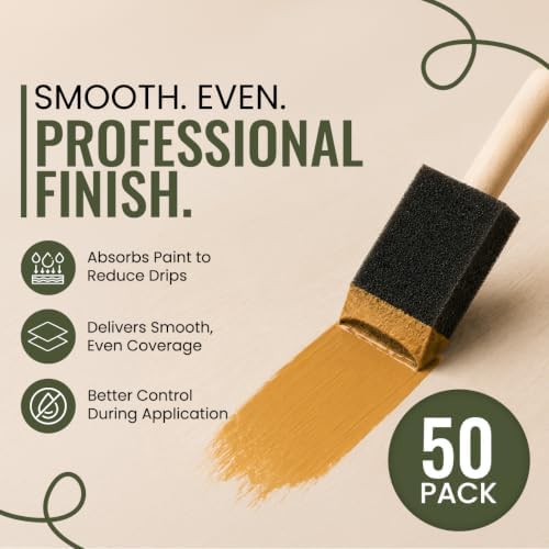 Foam Paint Brushes, 50 Pack Mixed Sizes, Sponge Paint Brushes with Wood Handles for Painting, Staining, Varnish, Acrylics, Crafts & DIY Touch Ups