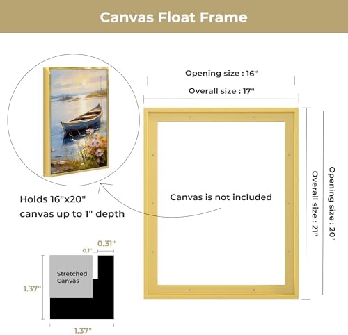 Venusmiles Canvas Frame 16x20 Frame for Canvas Painting Floating for 1" Deep, Floater for Canvas Artist Panel Oil Painting Wall Art Décor, Vertical or Horizontal Picture Wall Decor, Gold