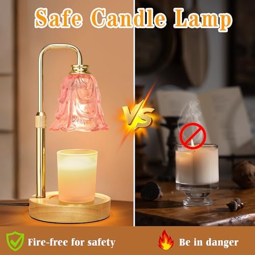 XJZJY Pink Flower Candle Warmer Lamp with Timer, Birthday Gifts for Women | Dimmable wax melt warmer with 2 bulbs for jar candles, height adjustable, pink tulip design, home decor, housewarming gifts