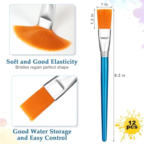 1 Inch Flat Paint Brushes for Acrylic Painting, 12 Pcs Acrylic Paint Brush Bulk, Arts Crafts Paintbrushes with Wooden Handle for Watercolor Oil Face Body Art Kids Adult Artist
