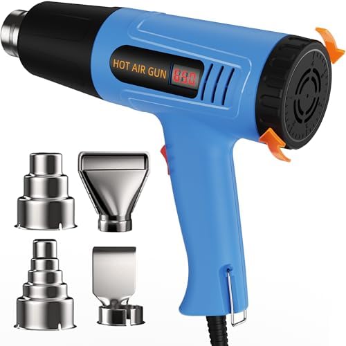 Digital Heat Gun, 110V Adjustable Hot Air Gun with 4 Nozzles, Side LCD Display, Rear Rotating Temp Control, 50-650℃（122-1202℉),Overload Protection, 4.9FT Cord Portable Heat Gun for Crafts, Shrink Wrap