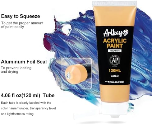 Artkey Metallic Acrylic Paint - Gold (120 ml/4.06 oz) Tubes, Rich & Vibrant Pigments, Professional Artists Acrylic Paints - Art Supplies for Canvas Wood Rock Clay Fabric Ceramics Art Crafts Painting