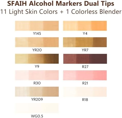 SFAIH Skin Tone Alcohol Markers Brush & Chisel Tip - 12 Light Skin Colors | Dual Tip Art Markers for Artist Adult Coloring Illustration, Portrait Hair Skin Anime, Blending, Gifts for Artist Adult