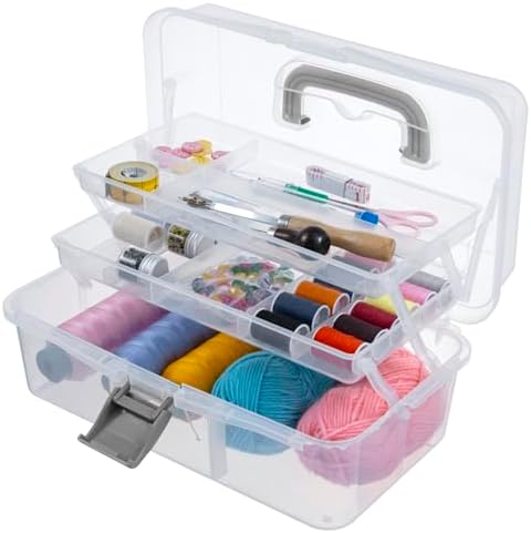 MyGift 13 Inch Clear Plastic Multipurpose Storage Box Gray Handle, 2 Trays