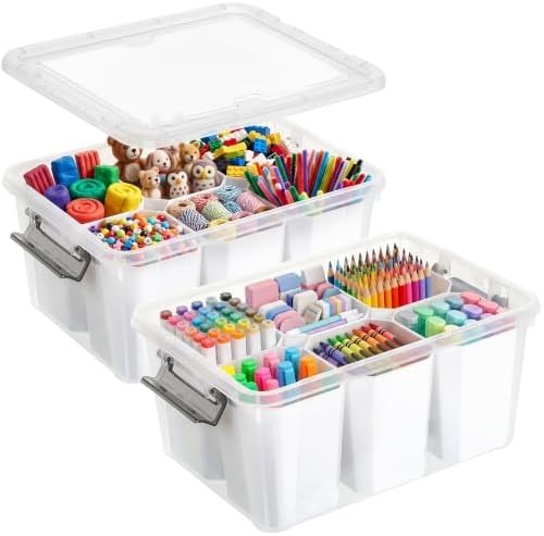 17 Qt Craft Organizers and Storage with Removable Divider, Marker Organizer for Crayons, Pencils & Art Supply, 2 Packs
