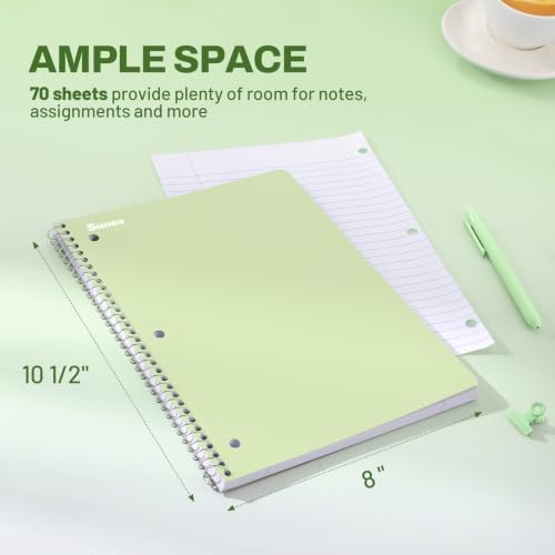 SUNEE Spiral Notebooks, 6 Pack, 1-Subject, College Ruled Paper, 8" x 10-1/2", 70 Sheets per Notebook, Assorted Aesthetic Colors Spiral Notebooks for School