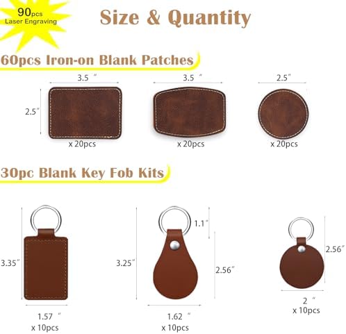 90 Pcs Lasable Engravable Blanks - Leatherette Iron on Hat Patches & PU Leather Key Fob Kit for DIY Custom Laser Engraving Craft Gifts