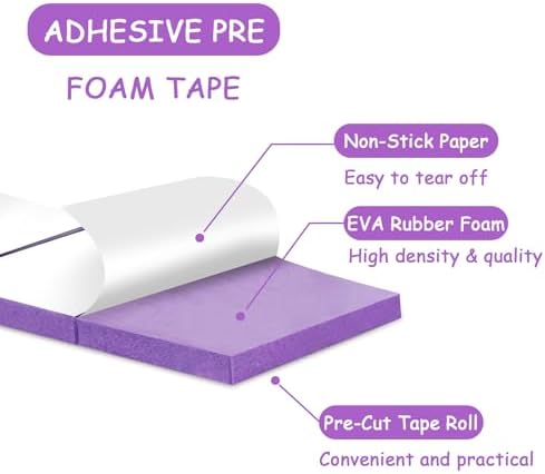 Double Sided Foam Tape Pre Cut 3/4 X 1/2 Inch EVA Foam Adhesive Squares Roll with Acrylic Storage Box 3D Foam Squares for Crafts Arts Sewing DIY Office Supplies (Tape+Box, Purple)