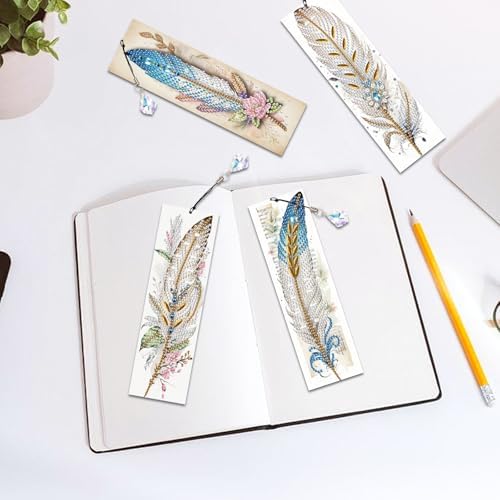 4-Piece 5D Diamond Painting Bookmarks Set, DIY Craft Kit with Rhinestones – Elegant Vintage Style Feather Design, Perfect for Book Lovers Adults, Unique Diamond Art Craft Bookmarks with Tassels