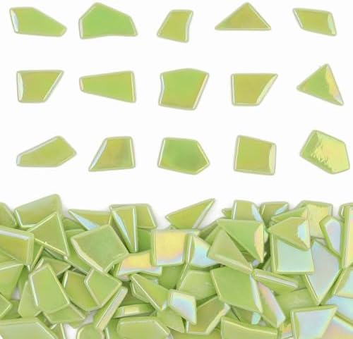 Youway Style Iridescent Green Glass Mosaic Tiles for Crafts Bulk,200g Broken Stained Glass Pieces for Crafts DIY Mosaic Art Decor
