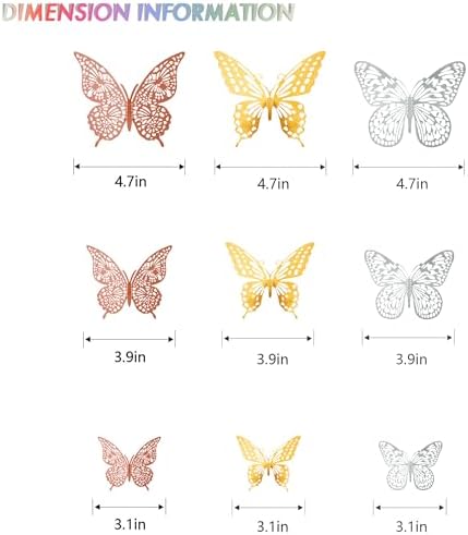 SAOROPEB 3D Butterfly Wall Decor, 72 Pcs 3 Styles 3 Sizes, Removable Metallic Wall Decor Sticker Room Mural Decals for Kids Bedroom Nursery Classroom Party Decoration Wedding Decor DIY Gift (3 Color) | 3 Styles 3 Sizes, Removable Wall Decor Sticker Roo...