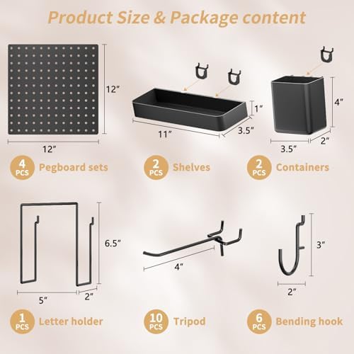 FZK Modular Plastic Pegboard Wall Organizer Kit, Black, 12x12, 4 Panels