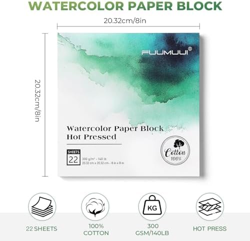 Fuumuui Watercolor Paper Block 8x8 Inch, Smooth Surface 100% Cotton Watercolor Paper, 22 Sheets, 140lb/300gsm, Hot Press, Acid-Free, Art Paper for Painting & Drawing, Wet, Mixed Media