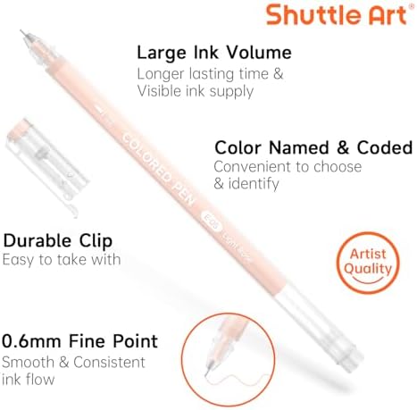Shuttle Art Colored Pens, 24 Skin Tone Colors Cute Journal Pens 0.6mm Fine Point Colored Gel Pens for Black Paper Adult Coloring Writing Drawing Journaling Note Taking School Office Home