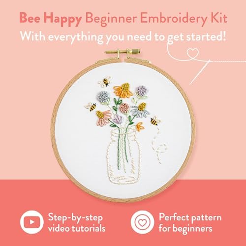 Clever Poppy Bee Happy Beginner Embroidery Kit – Easy Embroidery Kit for Beginners with Hoop, Thread & Patterns – Hand Embroidery Kit for Adults and Teens – Complete Embroidery Starter Kit