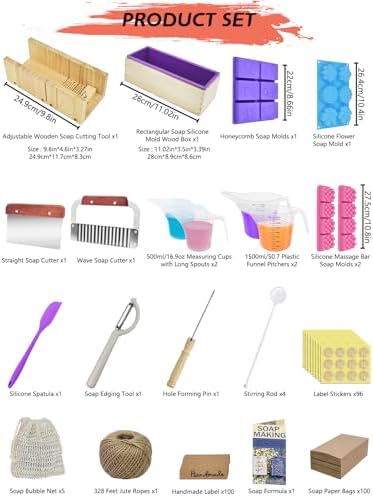 Artcome DIY Soap Making Kit with Rectangular Loaf Mold, Adjustable Wooden Cutter, Funnel Pitchers, Measuring Cups, Silicone Molds & 100 Paper Bags for Adults & Kids Craft - Ideal Gift for Occasions | Including Rectangular Loaf Mold, Adjustable Wooden C...
