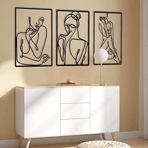 CHENGU 3 Pieces Metal Minimalist Abstract Woman Wall Art Line Drawing Wall Art Decor Single Line Female Home Hanging for Kitchen Bathroom Living Room