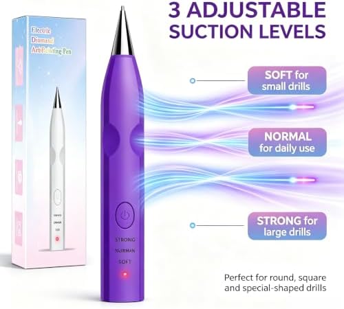 MKLAYB Electric Diamond Drawing Pen Kit, 3 Adjustable Suction Modes Rechargeable Vacuum Diamond Art Diamond Pen with 4 Replacement Heads, No Wax Required 5D Diamond Drawing Tool Accessories (Purple)