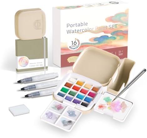 Mini Watercolor Paint Set, Compact Travel Art Kit with 16 Colors