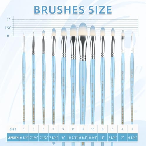 12 Pcs Filbert Professional Artist Watercolor Paint Brush Set, Blue