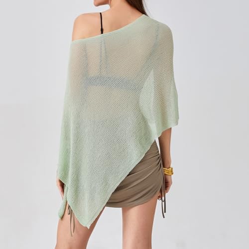 Women Sheer Knit Poncho Top Beach Cover Up Lightweight Crochet Shrug Y2k Summer See Through Shawl